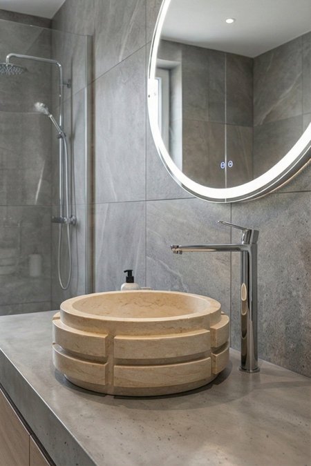 حوض مغسلة حجري دائري بتصميم هندسي – 38 سم